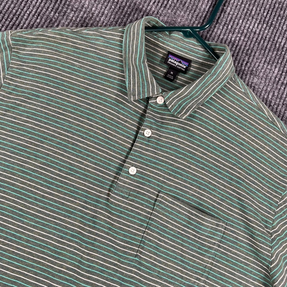 Patagonia Polo Shirt Mens XL Extra Large Green Striped Short Sleeve Outdoor